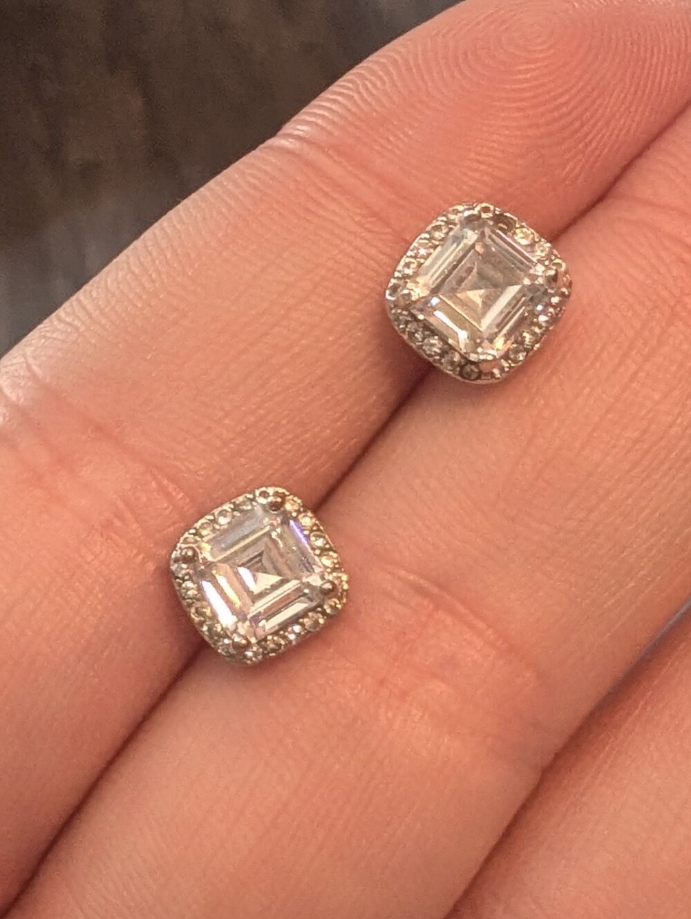Square Halo Cubic Zirconia Stud Earrings - Silver Tone